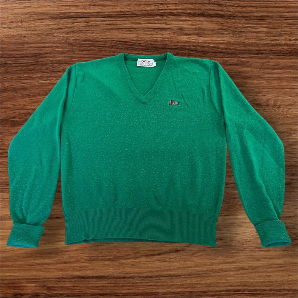 Vintage Steeplechase Green V-Neck Sweater Horse Jumper Embroidery‎ Mens Large